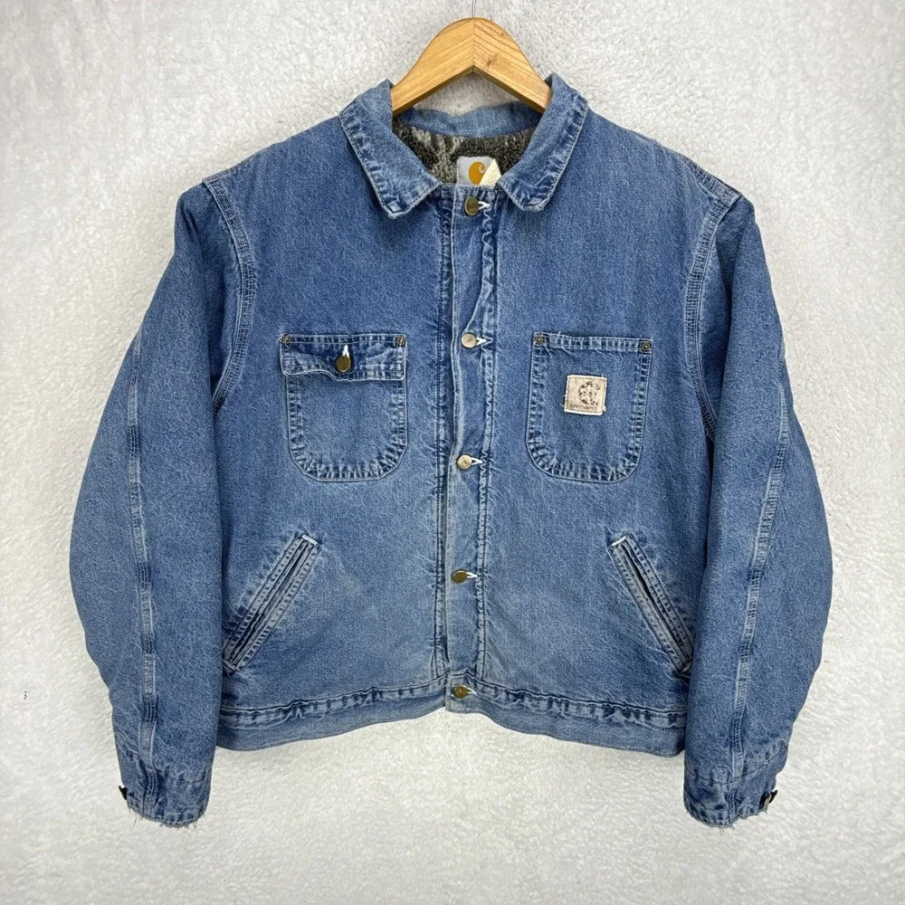 Carhartt Trucker Chore Jacket Aztec Pile Lined Mens Large JP1088 Darkstone Blue - Picture 2 of 16